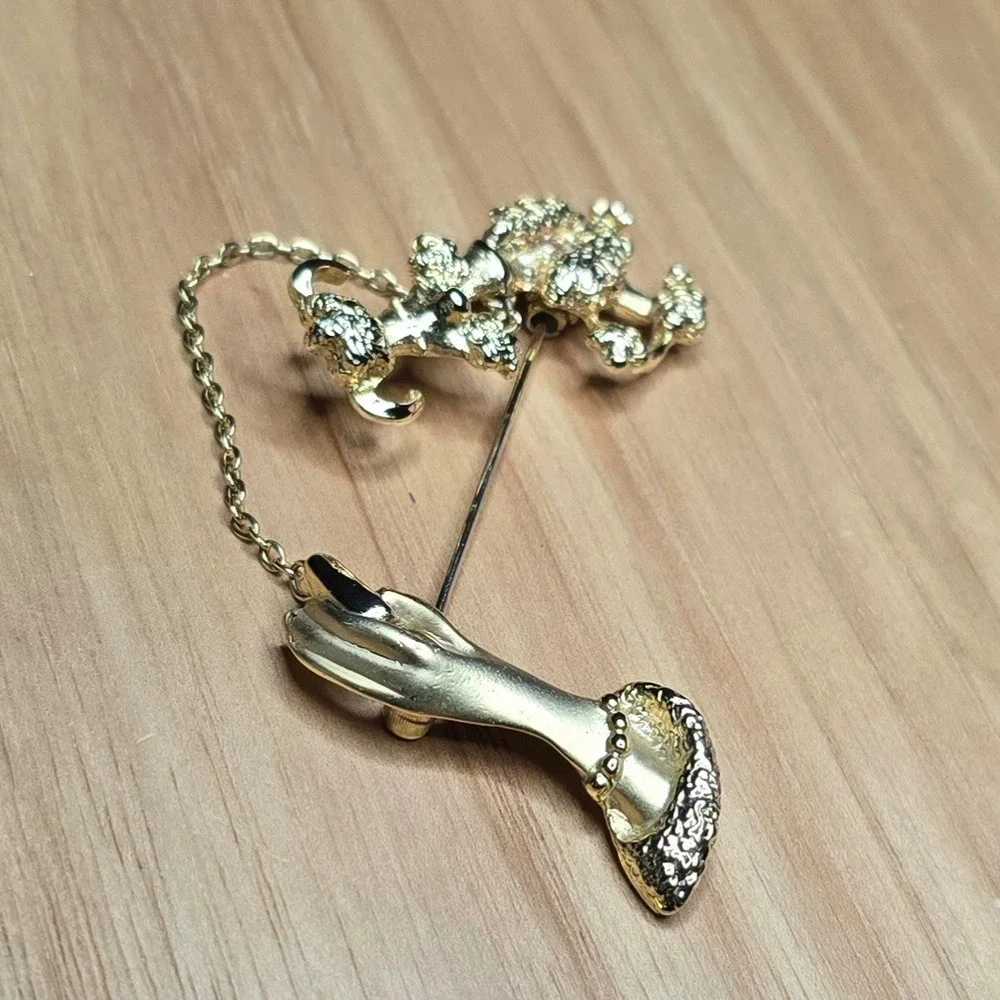Vintage AJC Brooch Pin Hand Poodle Leash Chain Fi-Fi Walk the Dog Dinner Jewelry